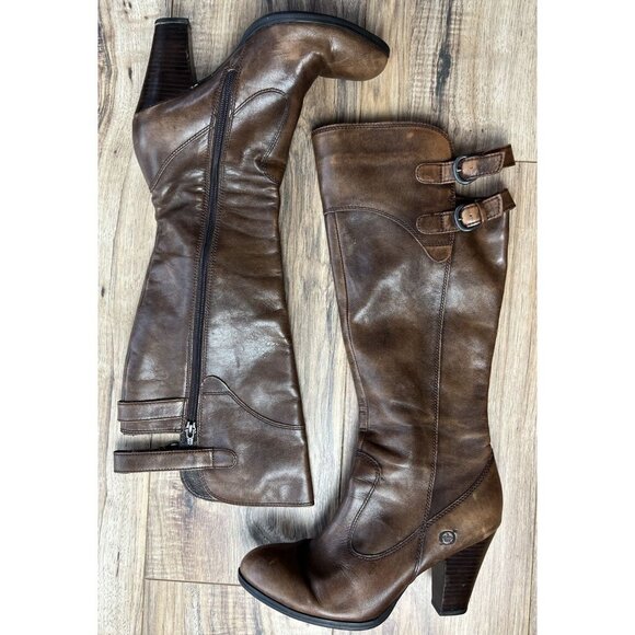 Born Brown Leather Knee-High Boots Heel Zip Fall Fashion Size 39 Women’s - Picture 1 of 11